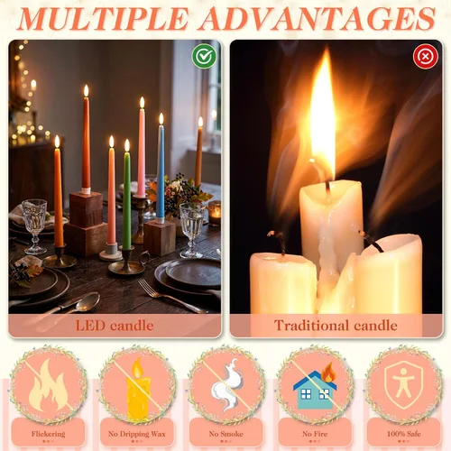 Vista 5 de Baquler 24 velas cónicas sin llama de flores silvestres de 11 pulgadas, funciona con pilas, velas LED de plástico con degradado parpadeante