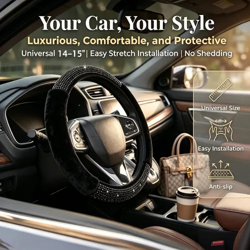Vista 2 de Funda para volante con destellos para mujeres y niñas, cubierta de volante de diamantes de imitación de color negro con brillantes de piel