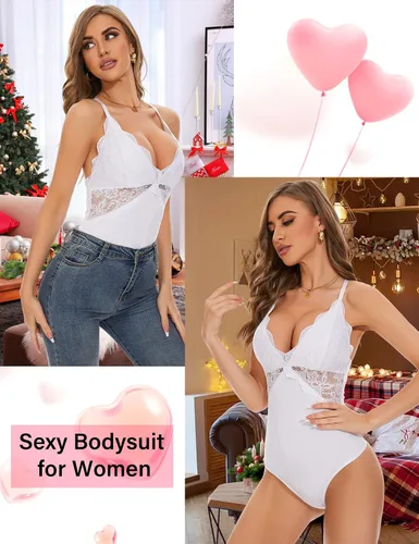 Vista 4 de Quzzion Lace Bodysuit Women Tummy Control V Neck Tank Tops Backless Shapewear Thongs One Piece Sexy Lingerie