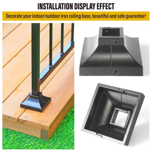 Vista 4 de 1 pieza Base de poste de cubierta de 2,5 cm de aluminio, falda de poste, pasamanos, escalera, base de barandilla de terraza y porche (negro)