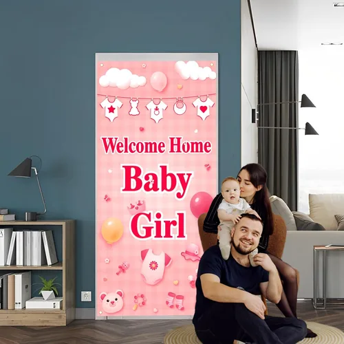 Vista 5 de Labakita Cartel de bienvenida para puerta de bebé niña, cartel con texto en inglés "It's a Girl Welcome Baby Girl", decoración de baby shower