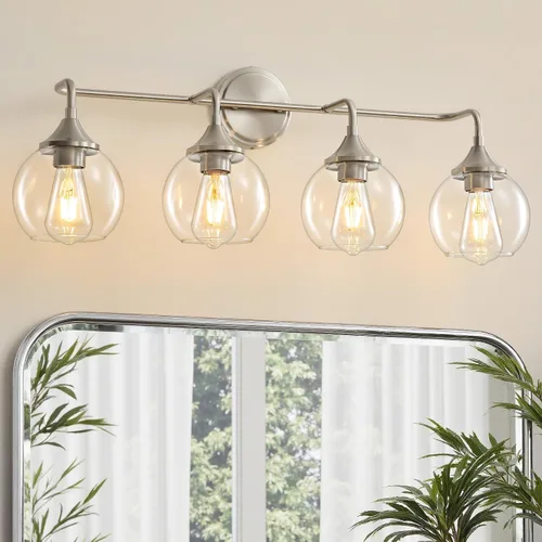 Vista 15 de Lámpara de Tocador de Baño Dorada con Pantalla de Vidrio Transparente, Base E26, Luminarias de Baño de 2 Luces Sobre Espejo, Luces de Tocador de 14