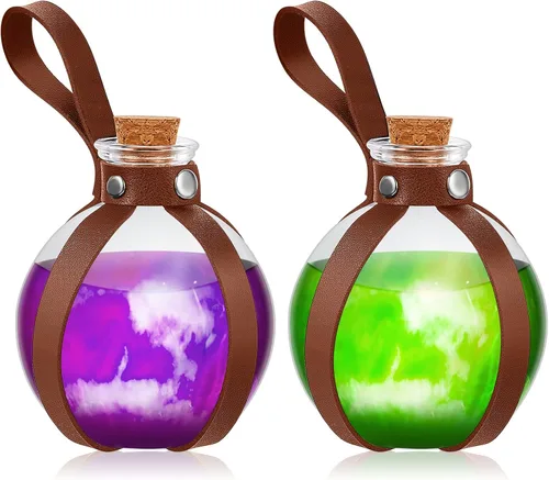 Vista 10 de Patelai 2 botellas de poción de vidrio de Halloween con cinturón, corcho, accesorios de disfraz de bruja renacentista, botella de poción