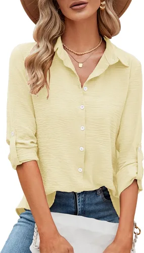 Vista 29 de Odosalii - Camisas con botones para mujer, con cuello en V, manga larga, enrolladas, blusas elegantes y formales para negocios y ocasiones casuales
