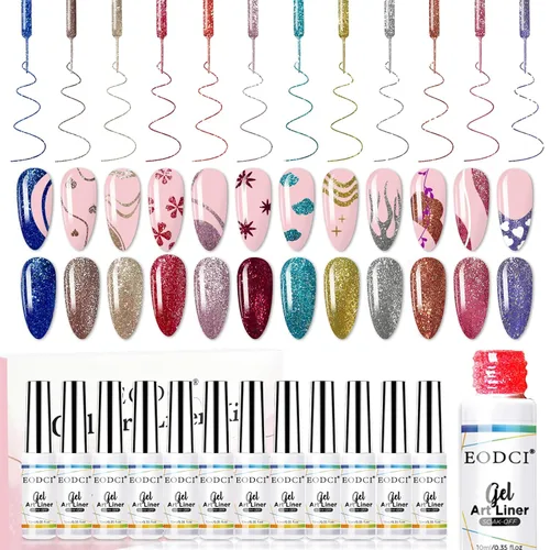 Vista 12 de Eodci - Juego de esmalte de gel para arte de uñas, 12 colores negro, blanco, rosa intenso, amarillo, verde con purpurina, esmalte de gel para otoño