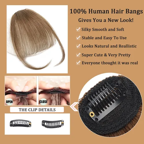 Vista 3 de Flequillo con clip, extensiones de cabello humano 100 % real, flequillo francés delgado y falso, fleco francés con sienes, cortina plana, parte