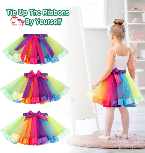 Vista 4 de Simplicity - Falda tutú de tul con forma de arco iris, con diadema de unicornio y lazo para el pelo