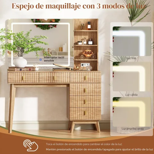 Vista 6 de Escritorio grande de maquillaje con espejo y luces, escritorio de tocador con 6 cajones y estantes de almacenamiento, mesa de tocador con toma