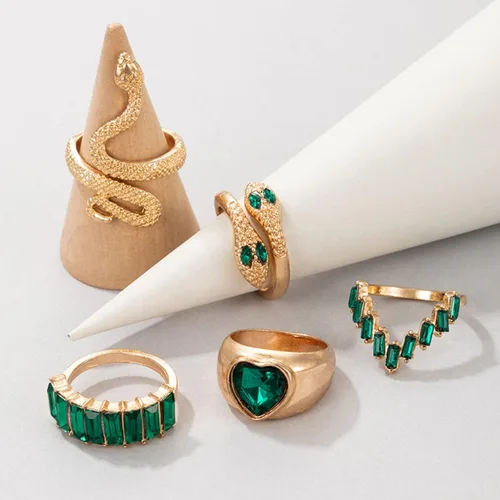 Vista 5 de Anillos de serpiente de cristal verde para mujeres y adolescentes, conjuntos de anillos de dedo apilables estilo bohemio, retro, anillos simples a