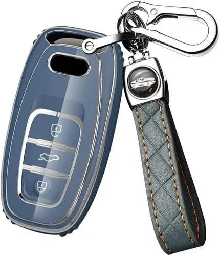 Vista 11 de ontto Funda para llavero compatible con Audi Q5 SQ5 Q3 Q7 Q8 A3 A4 A5 A6 A7 llavero remoto sin llave, carcasa brillante con borde plateado negro