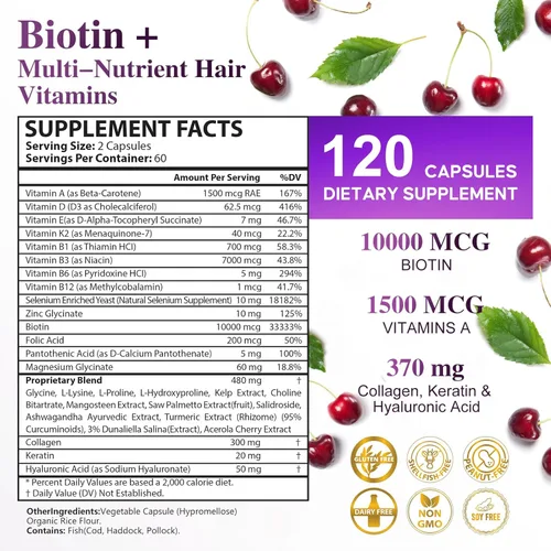 Vista 2 de Biotin 10,000MCG - Apoyo para el crecimiento del cabello para mujeres y hombres con colágeno y queratina, vitaminas para el cabello, la piel