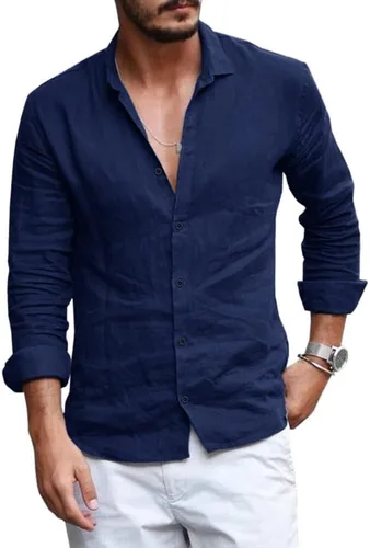 Vista 8 de Runcati Mens Button Down Shirt Linen Cotton Shirts Casual Long Sleeve Tops 01 Negro