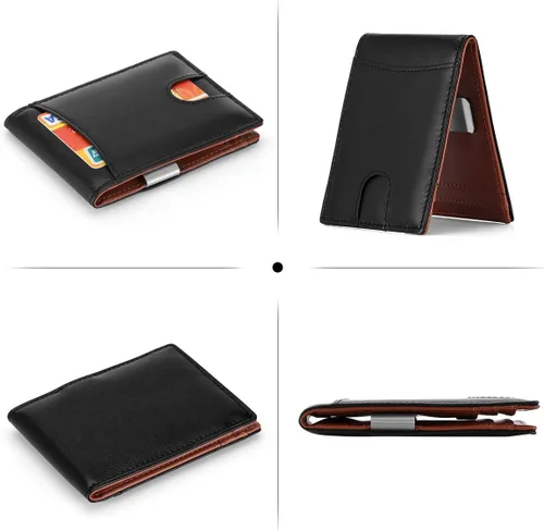 Vista 7 de HAWEE Cartera delgada de cuero extraíble con bloqueo RFID de cuero genuino, Negro sin cremallera, Minimalista