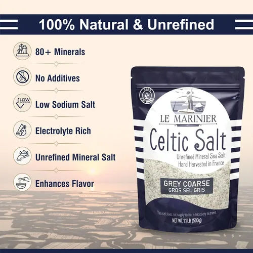 Vista 4 de Le Marinier Sal marina céltica orgánica gris gruesa, 1.1 lb - 18 oz. Sal marina francesa 100% natural y sin refinar rica en minerales orgánica. Sal