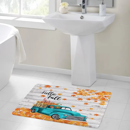 Vista 6 de Alfombra de baño con diseño de girasol amarillo otoñal y calabaza naranja sobre camión azul vintage, tapete de baño con texto en inglés "Hello
