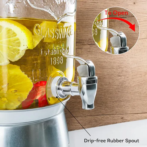 Vista 4 de Lily's Home Dispensador de bebidas de vidrio con soporte, capacidad de 1 galón, grifo fácil de usar, dispensador de bebidas para fiestas/barbacoas