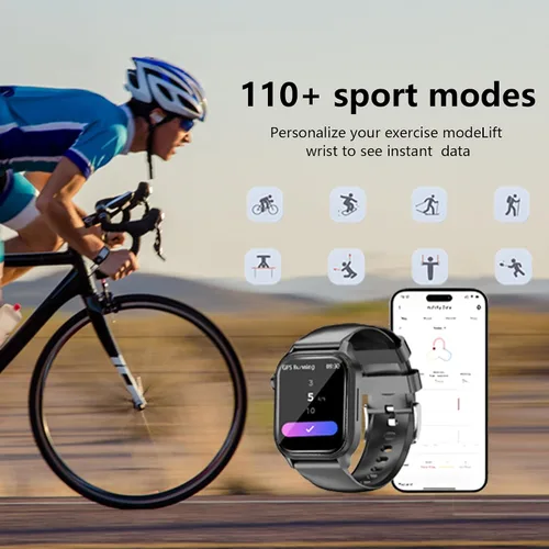 Vista 2 de Reloj inteligente negro para hombres/mujeres, rastreador de fitness de 1.85 pulgadas con monitor de frecuencia cardíaca/linterna, IP67 impermeable