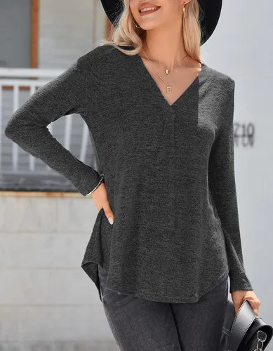 Vista 2 de iGENJUN Camisas de manga larga para mujer, moda de otoño, manga larga, cuello en V, túnica para leggings, ajuste holgado, rosa, S