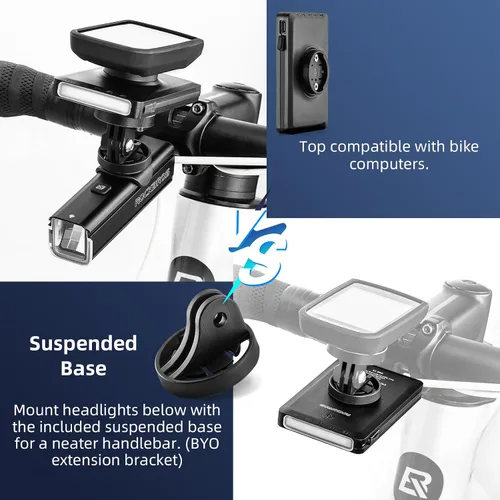 Vista 2 de ROCKBROS - Luz de bicicleta compatible con Garmin Bike Computer Bicycle Power Bank Faro de bicicleta recargable diurno, luz delantera ligera e