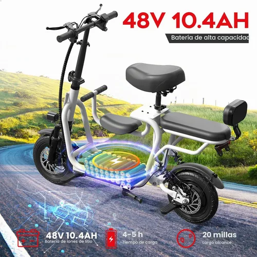 Vista 3 de EILLEO Scooter eléctrico adulto con asiento 48V, 750W 18.75mph, rango de 20 Blanco