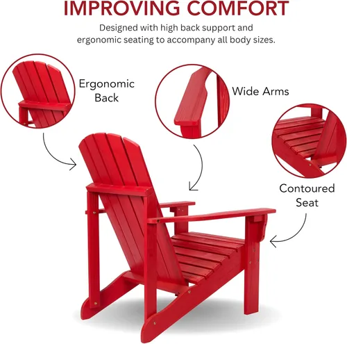 Vista 5 de Shine Company Silla Adirondack de madera moderna Mid-Century para patio al aire libre, respaldo y asiento premontado, rojo chile