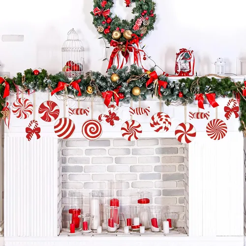 Vista 5 de 36 piezas de adornos navideños de madera con forma de bastón de caramelo, decoración colgante para árbol de Navidad, piruletas de menta roja
