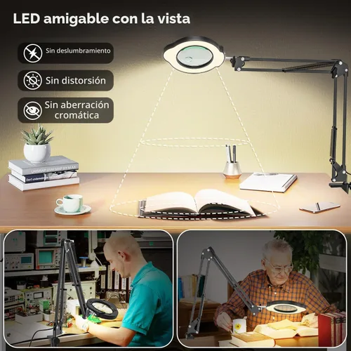 Vista 6 de Lupa con luz y abrazadera, lámpara de aumento de escritorio de 15X 10X, lupa de lente de cristal real de 84 LED, 5 modos de color regulable sin