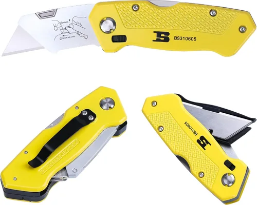 Vista 6 de Cuchillo utilitario plegable, cortador de caja retráctil, plegable, resistente, cambio rápido con 5 cuchillas adicionales
