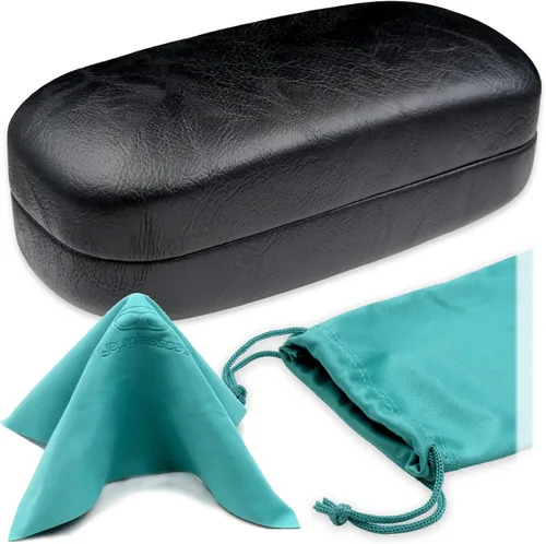 Vista 8 de MyEyeglassCase Estuche rígido extra grande para lentes de sol para marcos rectangulares grandes, estuche para lentes con bolsa y tela As505 Negro