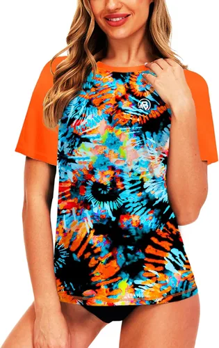 Vista 49 de AOBUTE Camisetas de natación de manga corta para mujer con protección solar degradada
