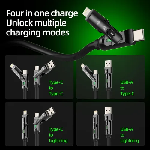 Vista 3 de MFish Cable de carga rápida 4 en 1, 6.6 pies 240 W PD 3.1 USB-A/USB-C a USB-C e Lightning, cable de carga múltiple de silicona con funda, compatible