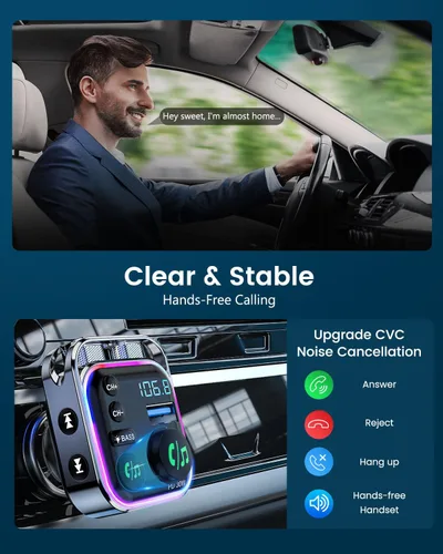 Vista 7 de LENCENT Bluetooth 5.3 Transmisor FM Adaptador de coche 48W (PD30W y QC18W) Fast Charger, Light Switch, HiFi Bass Sound Wireless Radio MP3 Music
