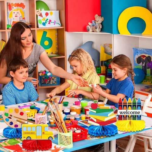 Vista 7 de Faccito 9 piezas de centros de mesa de regreso a la escuela, primer día de escuela, centros de mesa de panal listos para la escuela, fiesta, aula