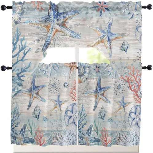 Vista 12 de Cortinas de cocina con cenefa de pulpo costero, con bolsillo para barra, paneles de cortina para dormitorio, sala de estar, baño, cafetería