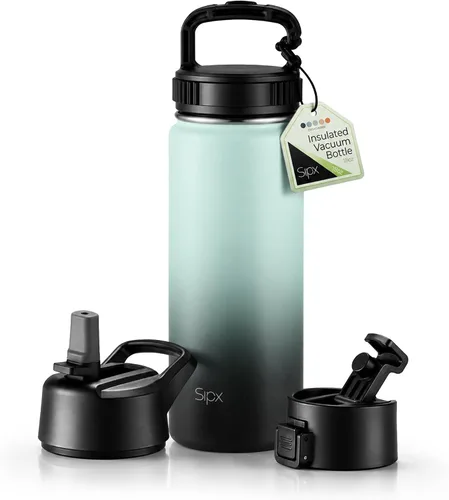 Vista 152 de SIPX™ Botella de Agua Aislada de 18 oz con 3 Tapas – Acero Inoxidable a Prueba de Fugas, Triple Aislamiento – Frío 24 Horas/Caliente 12 Horas – Negro
