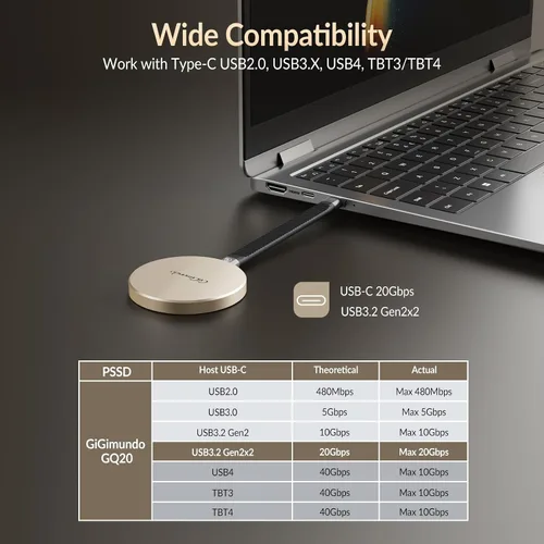 Vista 6 de GiGimundo GQ20 SSD portátil magnético USB-C ultradelgado de 1 TB – Max 20Gbps de alta velocidad, compacto y elegante unidad externa para Windows