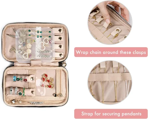 Vista 4 de Estuche organizador de joyas de viaje, bolsas de viaje para mujer, pequeño estuche de joyería de viaje para aretes sin enredos, collares