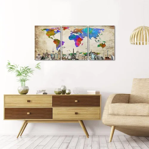 Vista 2 de Arte de pared de mapa del mundo para decoración de oficina, 3 piezas de edificios famosos de la Torre Eiffel, decoración de pared, obras de arte