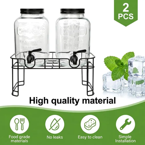 Vista 3 de Accguan Dispensador de bebidas de 1 galón, dispensador de agua de vidrio con tapa de lata negra y grifo de acero inoxidable negro, marco de hierro