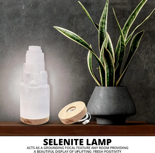 Vista 7 de Himalayan Glow Lámpara de cristal selenita de 7.9 in, grande, curvada a mano, con base de madera (certificado ETL) y cable de carga USB