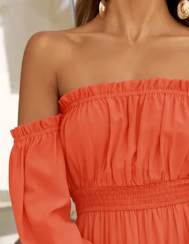 Vista 22 de ZESICA - Vestido largo, bohemio y sexy, con hombros descubiertos y manga larga fruncida, con elástico fruncido, cintura alta y abertura lateral