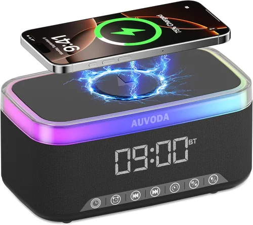 Vista 9 de Altavoz Bluetooth S300, altavoz portátil inalámbrico con carga inalámbrica de 15 W, luz nocturna de 13 colores, alarma, estéreo de 16 W, TWS, BT5.3
