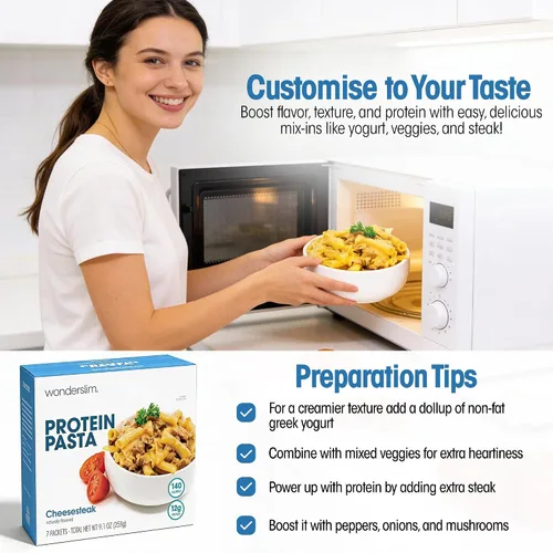 Vista 8 de WonderSlim Pasta de Proteína, Macarrones con Queso y Filete, 140 Calorías, 12g de Proteína (7 unidades)