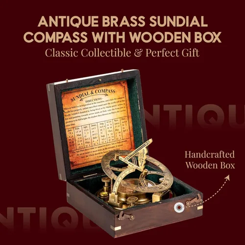 Vista 2 de Brújula grande de reloj de sol de 5 pulgadas con caja de madera de palisandro, reloj de reloj de sol de latón antiguo steampunk perfectamente