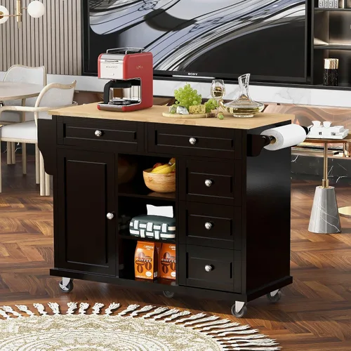 Vista 24 de Delicate Rolling Kitchen Island Cart with Rubber Wood Drop-Leaf Countertop and Lockable Rollers,Storage Cabinet and 2 Drawers,Sliding Barn Door