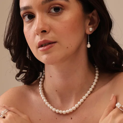 Vista 2 de LeCalla Collar de perlas de plata de ley 925, 0.315 in, collares de perlas de imitación para mujer, Plata esterlina, Perla