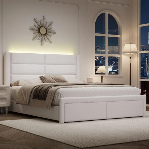 Vista 9 de Base de cama individual con cabecero tapizado y luces LED, moderno marco de cama de piel sintética con soporte de listones de madera y base