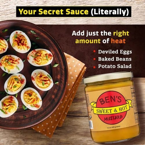 Vista 4 de Ben's Sweet & Hot Mostaza picante salsa de mostaza y mostaza amarilla para untar delicatessen, mostaza natural, dulce y caliente, 16 onzas