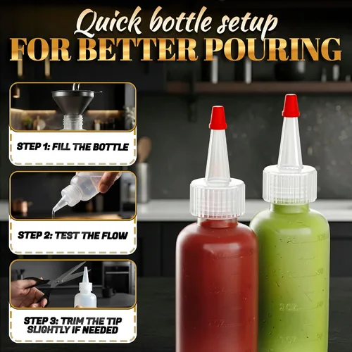 Vista 5 de 6 botellas de plástico para salsas de 4 onzas (4.1 fl oz), juego de botellas reutilizables pequeñas con punta fina cortable, para barbacoa, picnic