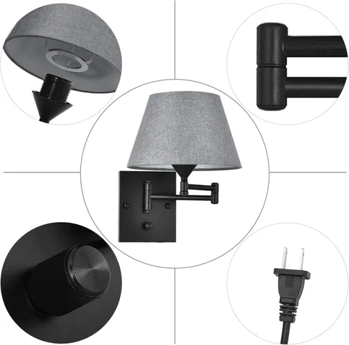 Vista 2 de Pauwer Juego de 2 apliques de pared enchufables con brazo oscilante con cable de enchufe y pantalla de tela gris, accesorios de pared para pasillo